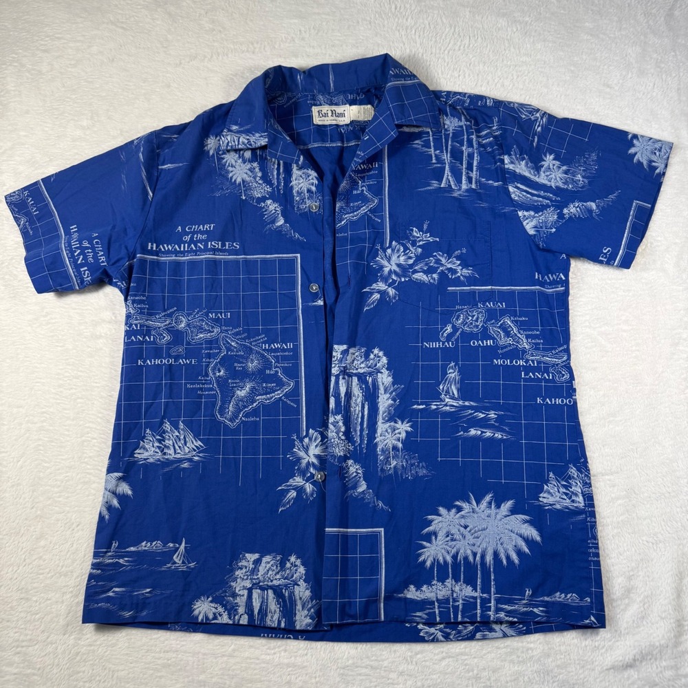 Kai Nani Hawaiian Shirt Mens XL Blue Vintage Map Print Aloha Tropical USA Made